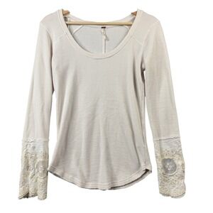 Free People Lovely Lady Cuff Waffle Knit Top Ivory Lace Sleeve OB433022 Large